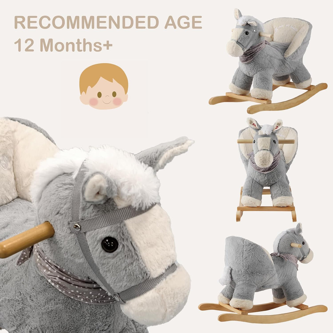 Plüsch Rocking Horse - weicher gefüllter Körper, Sicherheitssitz Stuhl, Holz Rockers, Musikknopf - K