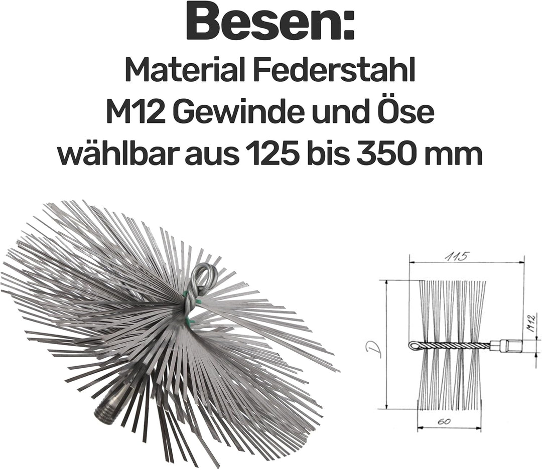Renomo24 Schornsteinbesen Federstahl, Schubstange 10m, Besengrösse 300mm, Reinigungsset für effizien
