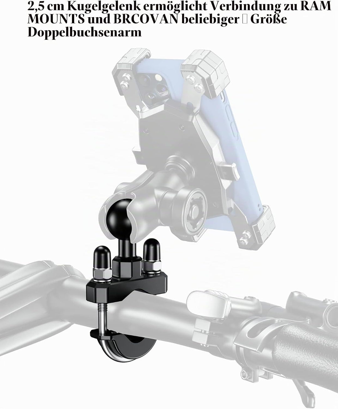 BRCOVAN Lenker U-Bolzen Montagebasis mit 1 Zoll TPU Kugel für Schienendurchmesser 0,5'' bis 1,25'' K