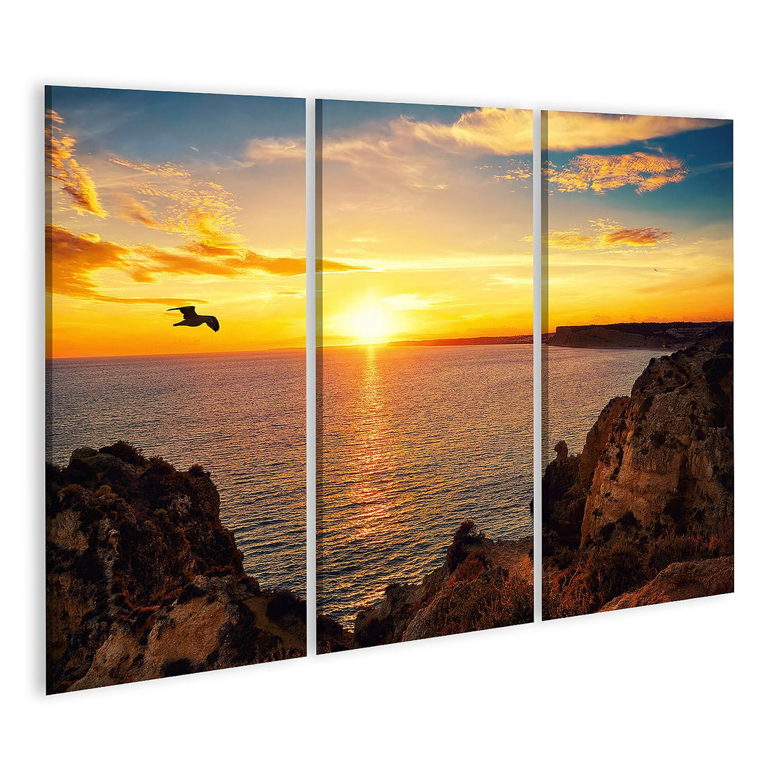 islandburner Bild auf Leinwand Felsige Küste Am Meer Sonnenuntergang Vogel Bilder Wandbilder Poster