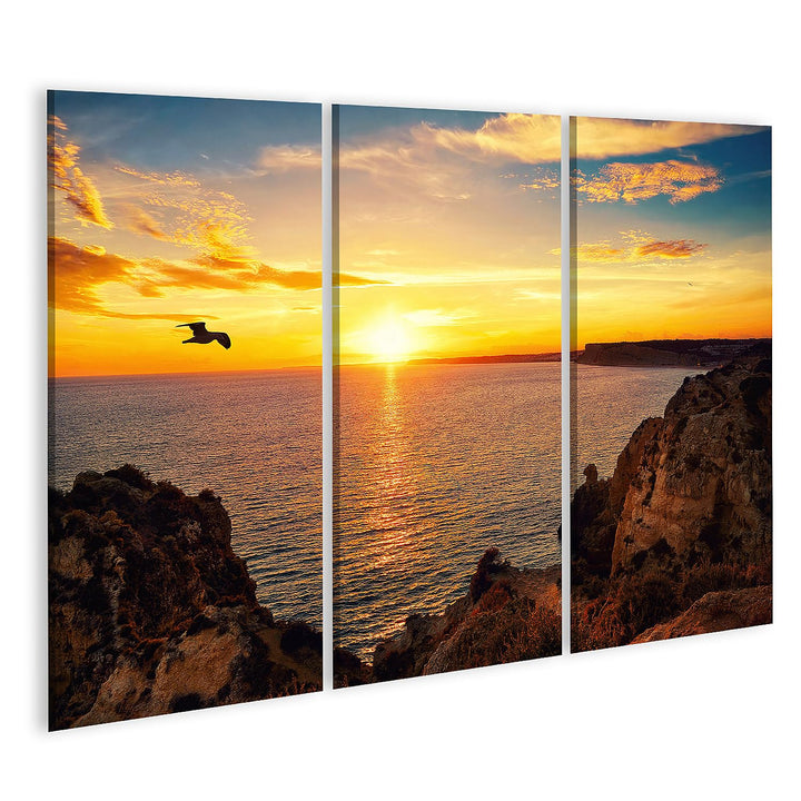 islandburner Bild auf Leinwand Felsige Küste Am Meer Sonnenuntergang Vogel Bilder Wandbilder Poster