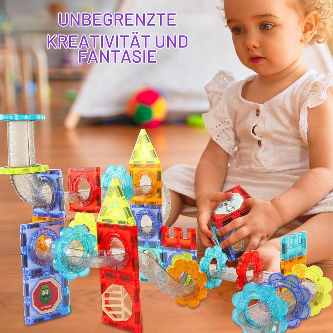 SVYHUOK Magnetische Bausteine für Kinder, Magnet Konstruktionsspielzeug 3D, 81 Teile Murmelbahn Lern