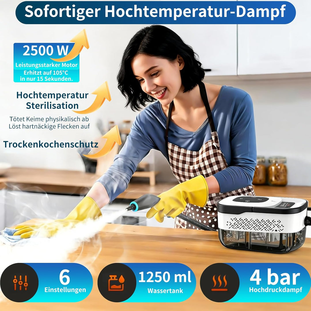 Dampfreiniger Handgerät, 2500W Handdampfreiniger, 8 Düsen, 6 Dampfstufen, 1250 ML Tank, 105℃ Hochtem