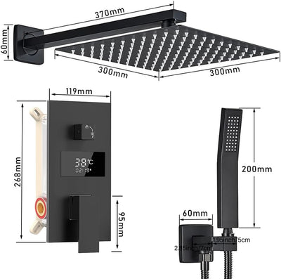 Duschsystem Schwarz Unterputz Duscharmatur Set inkl.30X30cm Kopfbrause, Duschsystem mit Temperatur L