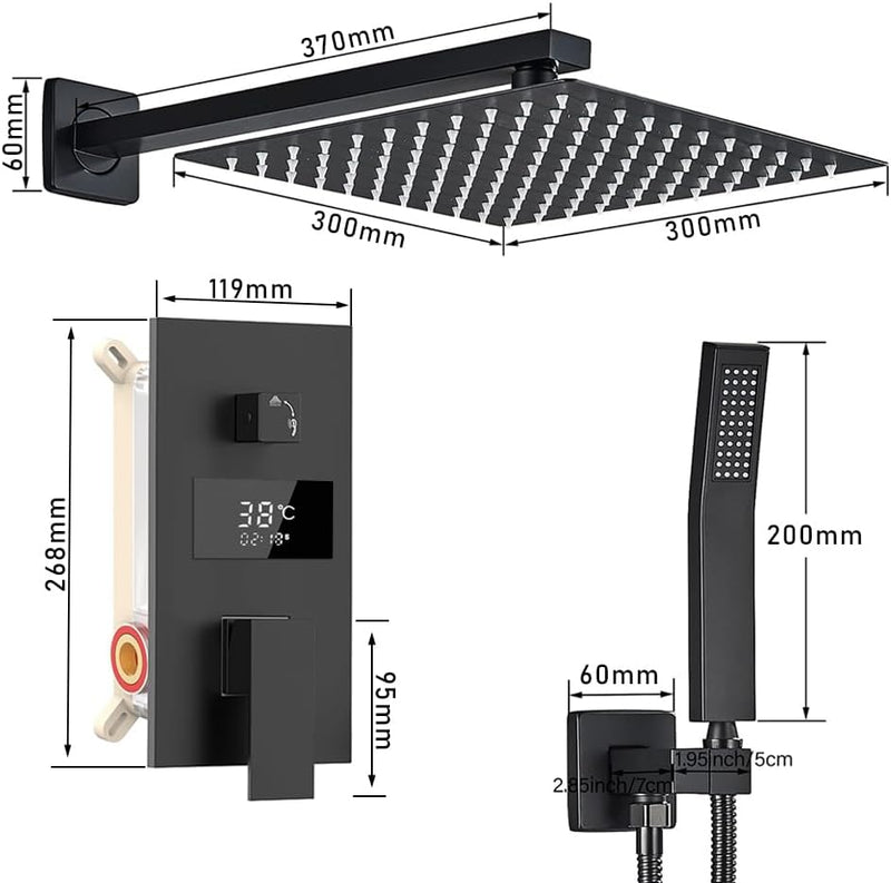 Duschsystem Schwarz Unterputz Duscharmatur Set inkl.30X30cm Kopfbrause, Duschsystem mit Temperatur L