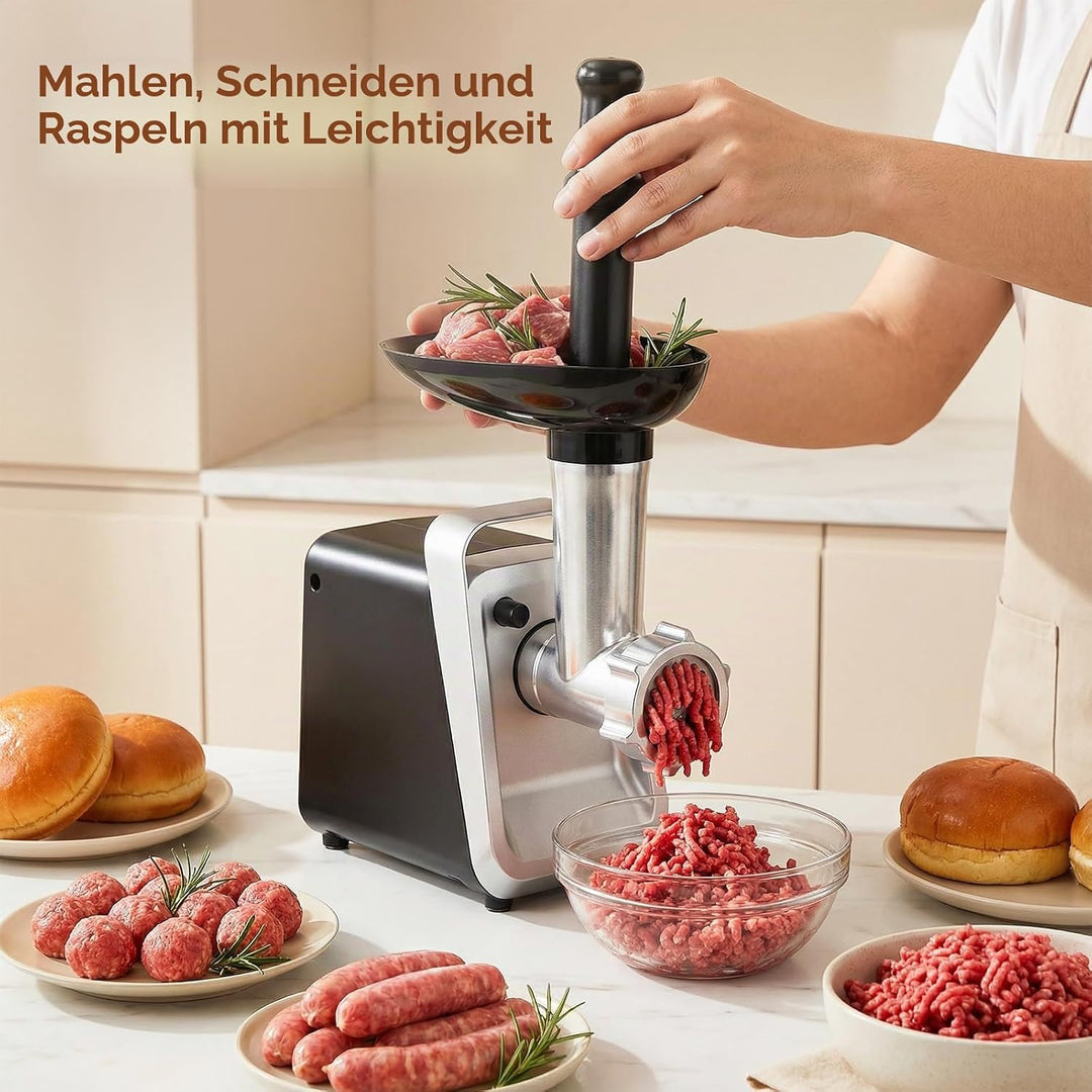 Fleischwolf Elektrisch [1000 W max] 3 in 1 Elektrischer Fleischwolf, 3 Edelstahl Lochscheiben Hackfl