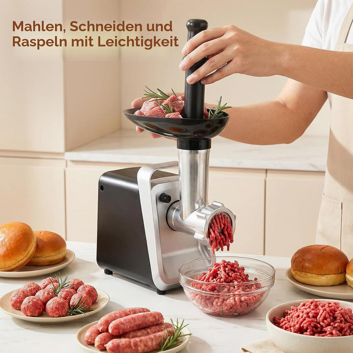 Fleischwolf Elektrisch [1000 W max] 3 in 1 Elektrischer Fleischwolf, 3 Edelstahl Lochscheiben Hackfl
