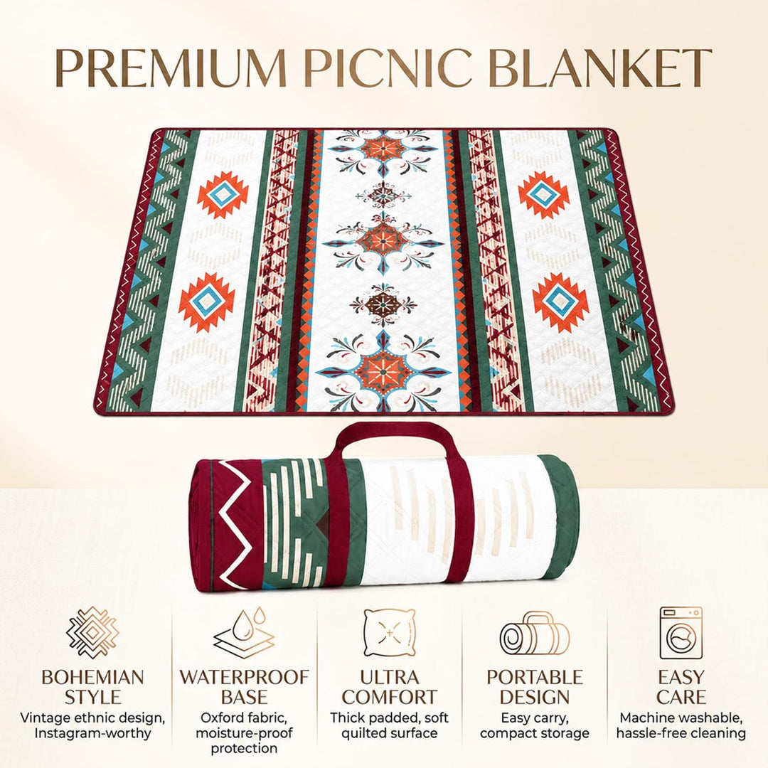 Picknickdecke Boho Wasserdicht 200x200cm – Stranddecke Sandfrei &amp; Waschbar, Extra Gross Outdoor Deck