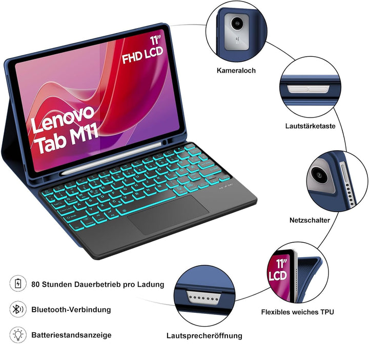 WINCHKING Hülle Mit Tastatur Für Lenovo Tab M11 2024, Hülle Tastatur Für Lenovo Tab M11 Tb330 11 Zol