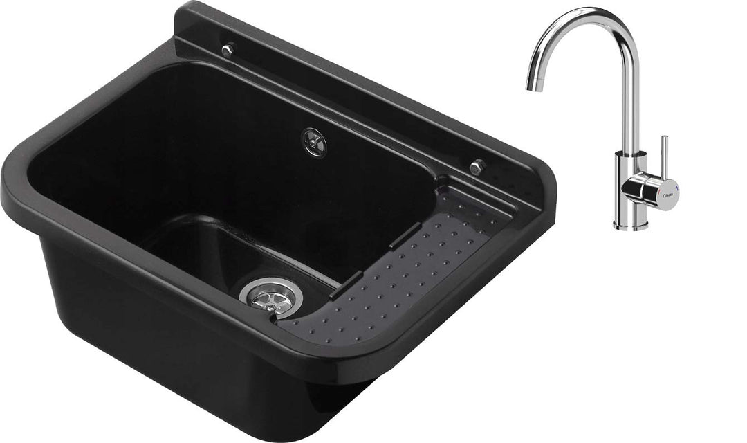 VBChome Ausgussbecken mit Armatur 59 x 34 x 21 cm Schwarz Schwarz + Armatur Chrom Spülbecken Waschtr