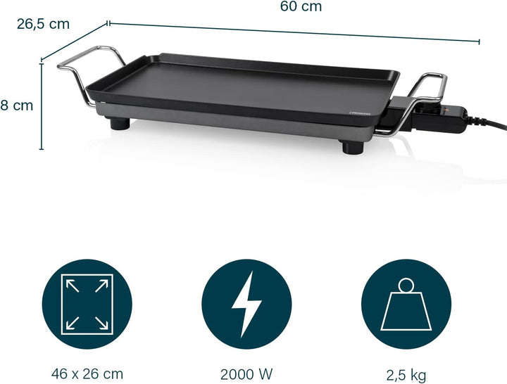 Plancha Princess Chef Pro Classic schwarz – Aluguss – 4 Personen – 46 x 26 cm – 2000 W, 46 x 26 cm