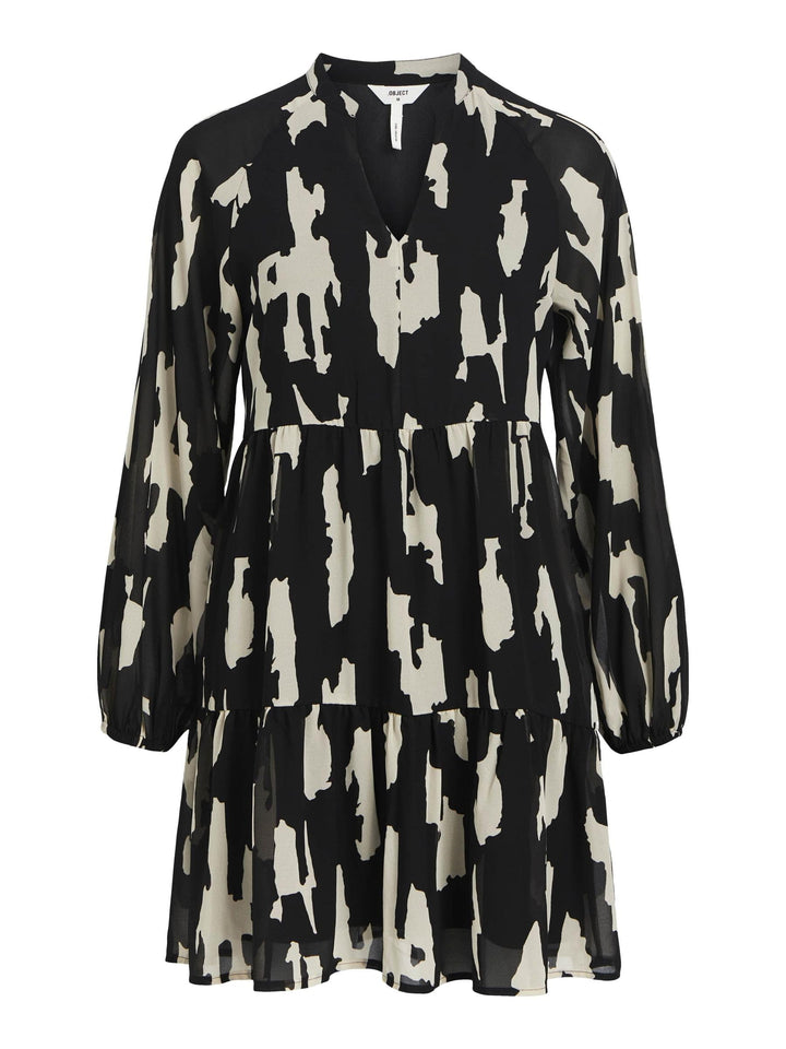 Object Damen Objmila Gia L/S Dress Noos Kleid 44 Black/Aop:sandshell Graphic, 44 Black/Aop:sandshell