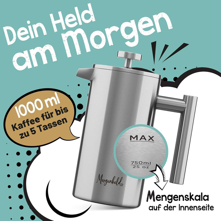 Premium French Press Edelstahl 1000 ml + 3 Ersatzfilter Stempelkanne isoliert Kaffeepresse 1l thermo