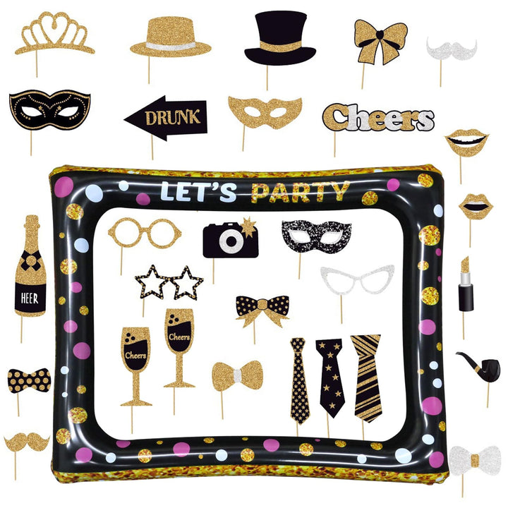 Fotobox Accessoires Aufblasbarer Fotorahmen mit 30 Stück Schwarz Gold Lustige Foto Requisiten Bilder