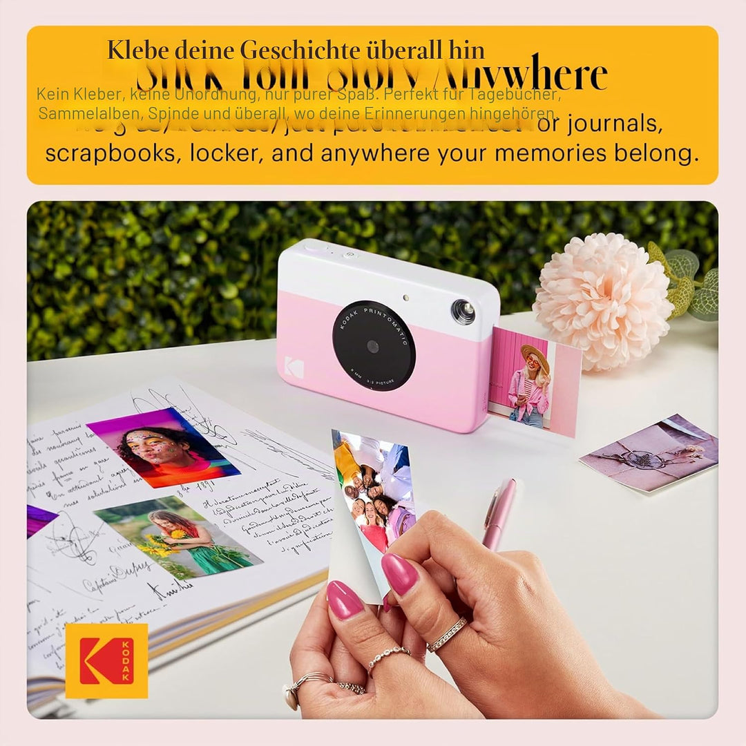 KODAK Printomatic Sofortbildkamera (Rosa) Basis-Paket + Zinkpapier (20 Blätter) Etui + Bequemer Hals
