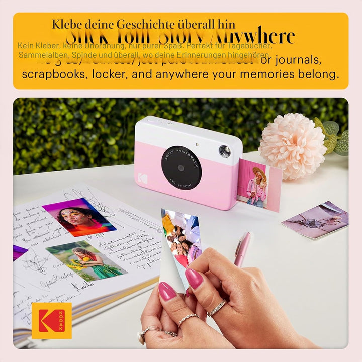 KODAK Printomatic Sofortbildkamera (Rosa) Basis-Paket + Zinkpapier (20 Blätter) Etui + Bequemer Hals