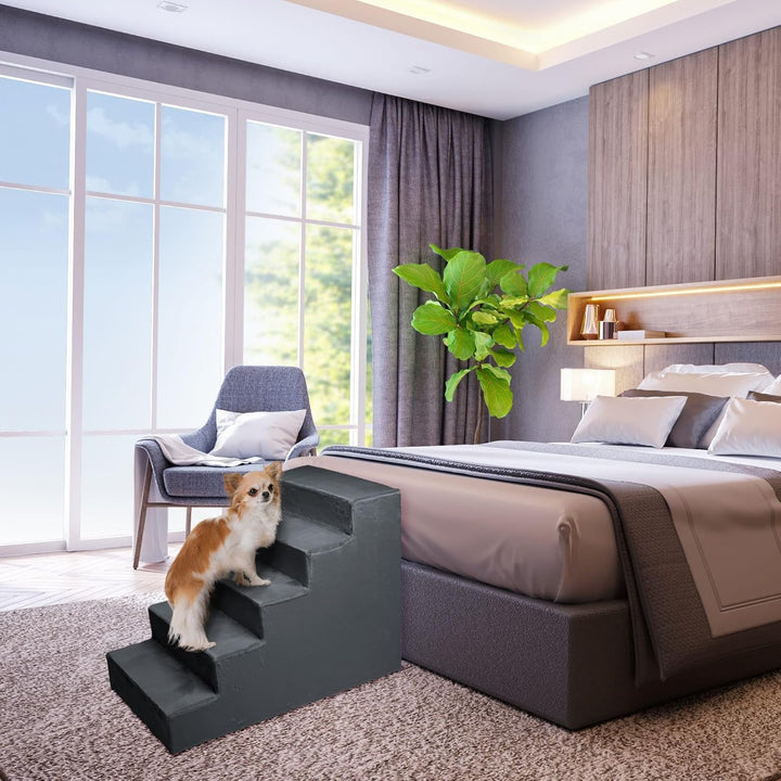 Mg Design Hundetreppe 5 Stufen in Dunkelgrau – Stabiler Holzrahmen, gelenkschonend, leicht & mobil,