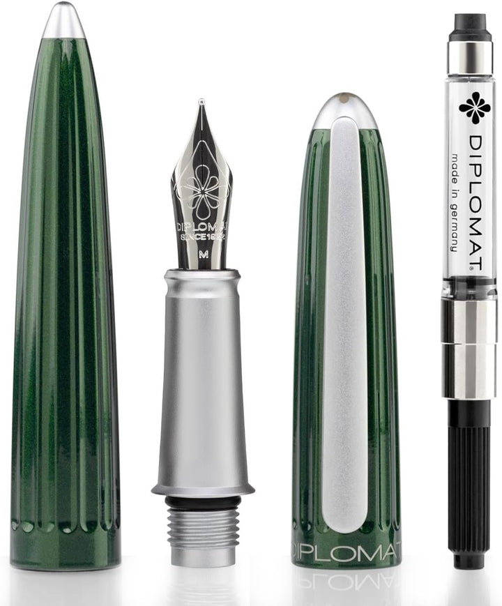 Diplomat Aero Füllhalter Set in Evergreen mit Edelstahlfeder M und Füllertinte Königsblau im Tinteng