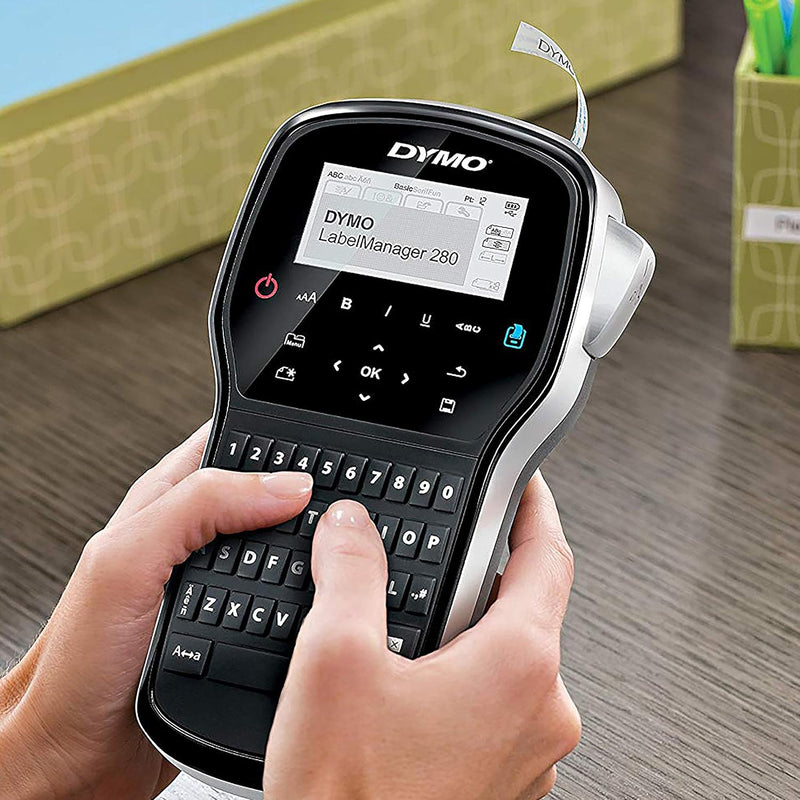 DYMO LabelManager 280 Wiederaufladbares Handheld-Etikettendrucker-Set, QWERTY-Tastatur, mit 2 Rollen