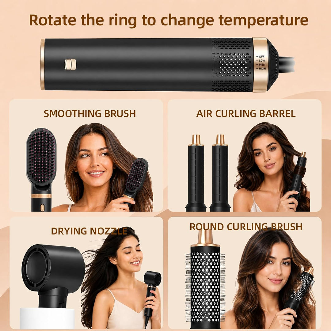 5 in 1 Hairstyler Warmluftbürste mit Aufsätzen - Rotierende Lockenbürste Elektrisch, Föhn Rundbürste