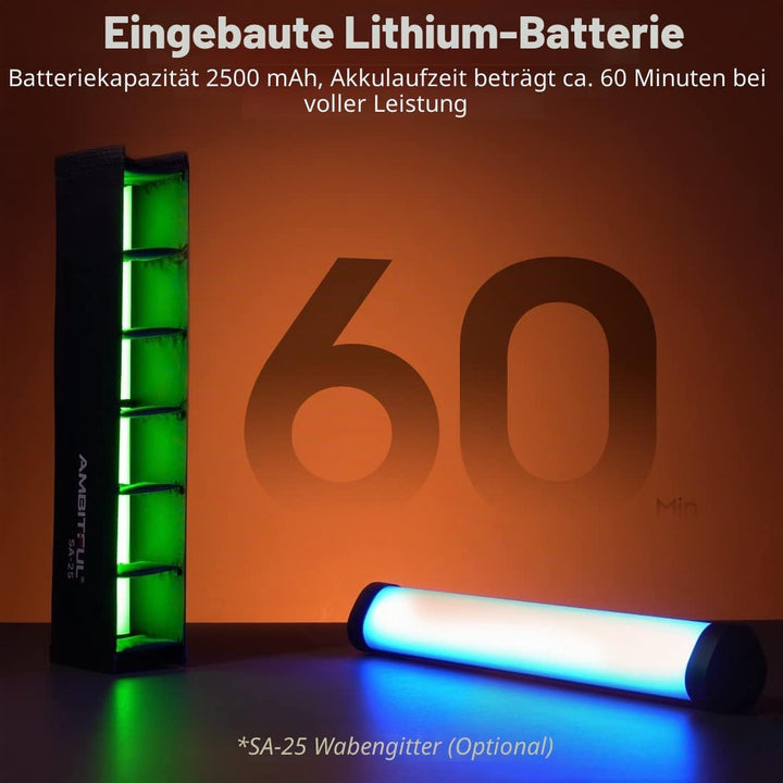 AMBITFUL A2 Vollfarbiges RGB-Röhrenlicht, CRI 95 TLCI 97 Genaue Farbe, 2500K-8500K einstellbar, RGB