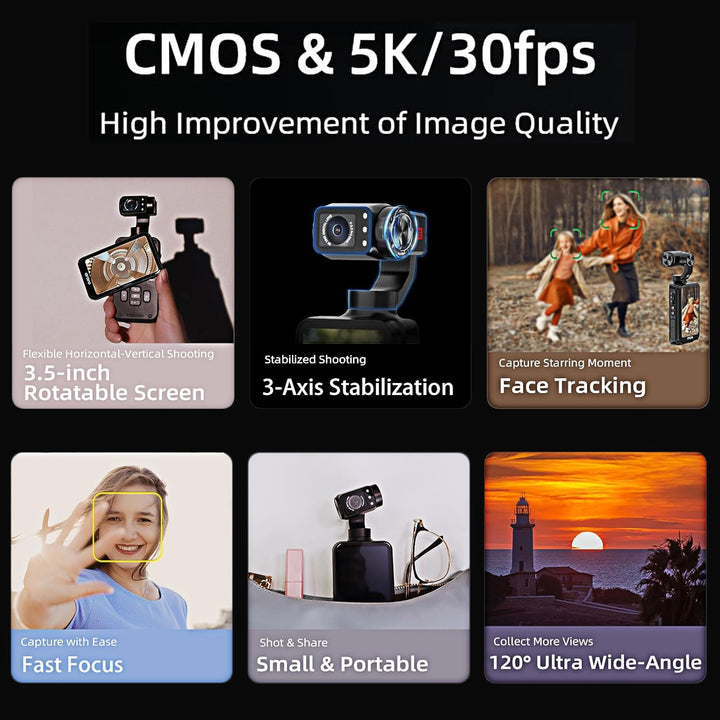 ORDRO M5 5K Vlogging Camera with 3-Axis Stabilizer 120° Ultra-Wide Angle IR Night Vision 3.5'' Rotat