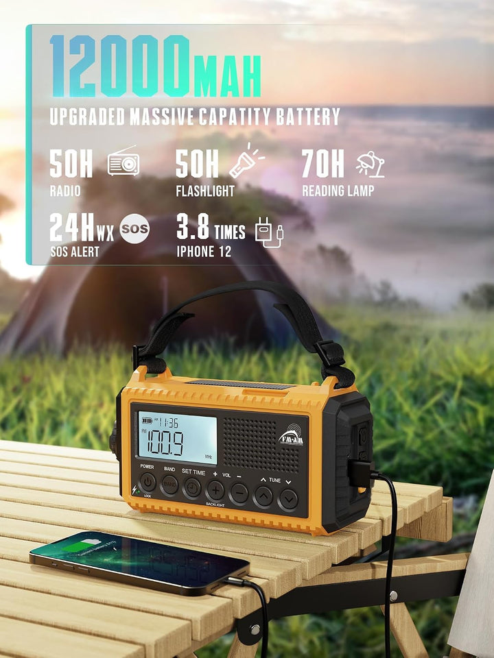 Notfallradio | 12000mAh Powerbank | Kurbelradio |Solar Radio mit Weltempfänger | AM/FM/SW, SOS, USB-