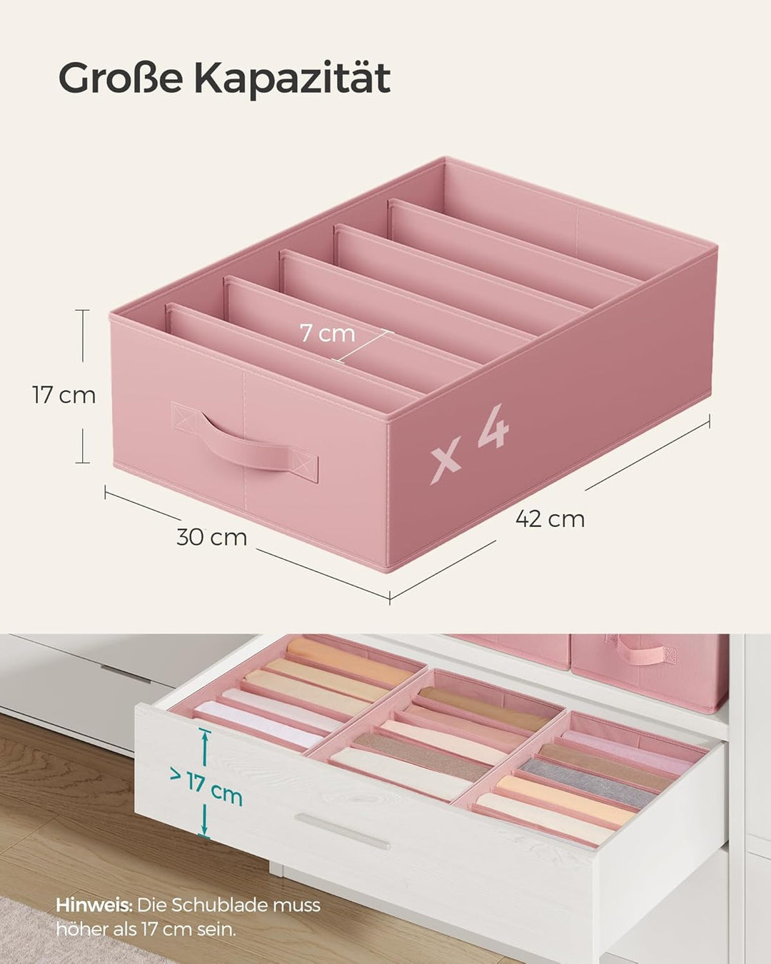SONGMICS Kleiderschrank-Organizer 4er Set, Aufbewahrungsbox 6 Fächer, Schubladen-Ordnungssystem, Ord