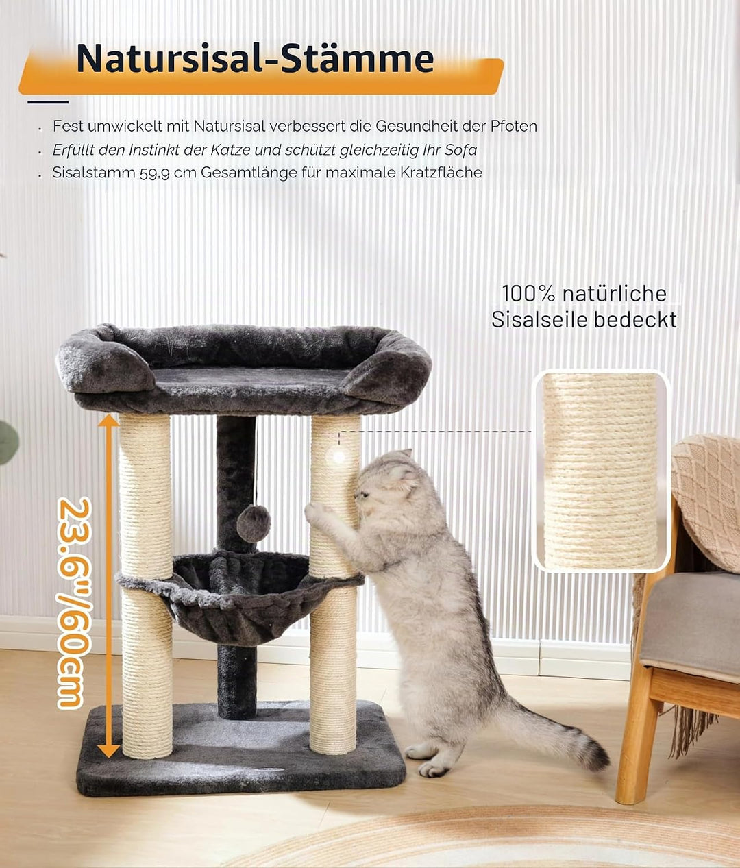 Happi N Pets 71 cm Kratzbaum für Katzen, Hoher Kratzstamm mit grossem Bett für grosse Katzen, Sisal-