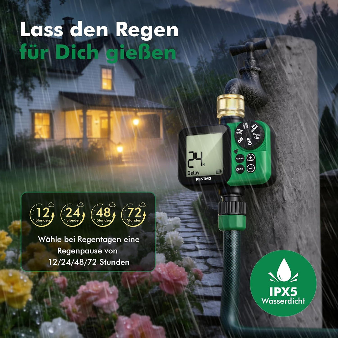 RESTMO 1-Zonen Bewässerungscomputer, Bewässerungsuhr für Garten | grosses Display, automatisch/manue