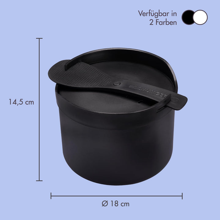 REISHUNGER Mikrowellen Reiskocher (1,7 l) - schwarz - Für perfekt gegarten Reis in nur 12 Minuten -