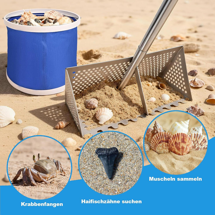 Sand Flohrechen Set, Edelstahl Strandsand Sieb, Abnehmbarer Langer Griff mit Eimer, Handschuhe, Scha