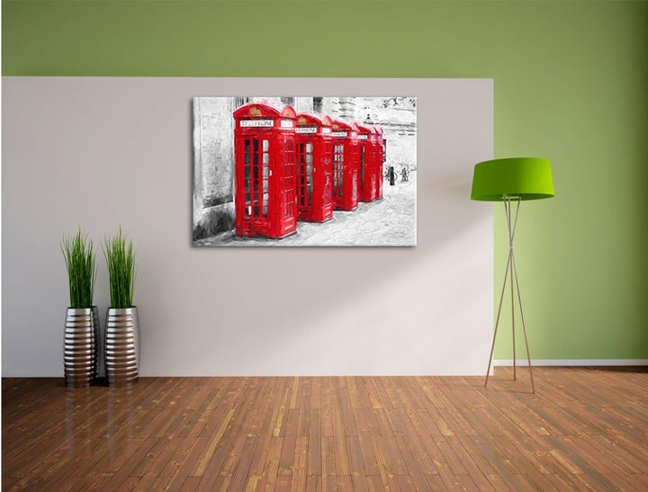 Pixxprint rote Londoner Telefonzellen Kunst Pinsel Effekt, Format: 100x70 auf Leinwand, XXL riesige