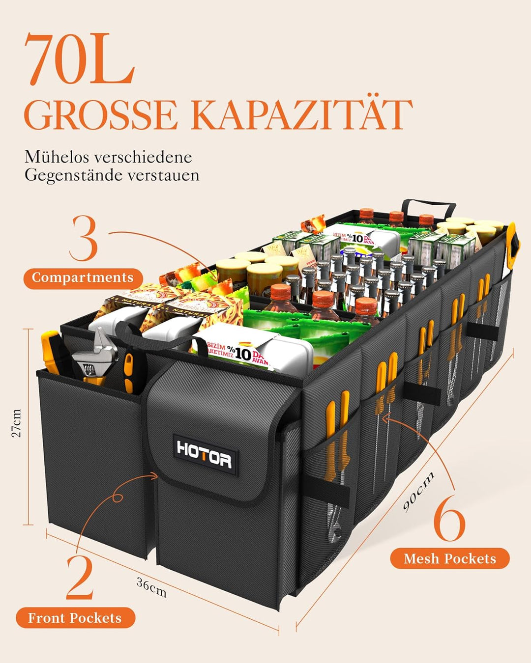 HOTOR Kofferraum Organizer – Faltbarer Auto Kofferraum Organizer mit 3 Fächern, Stabiler Auto Organi