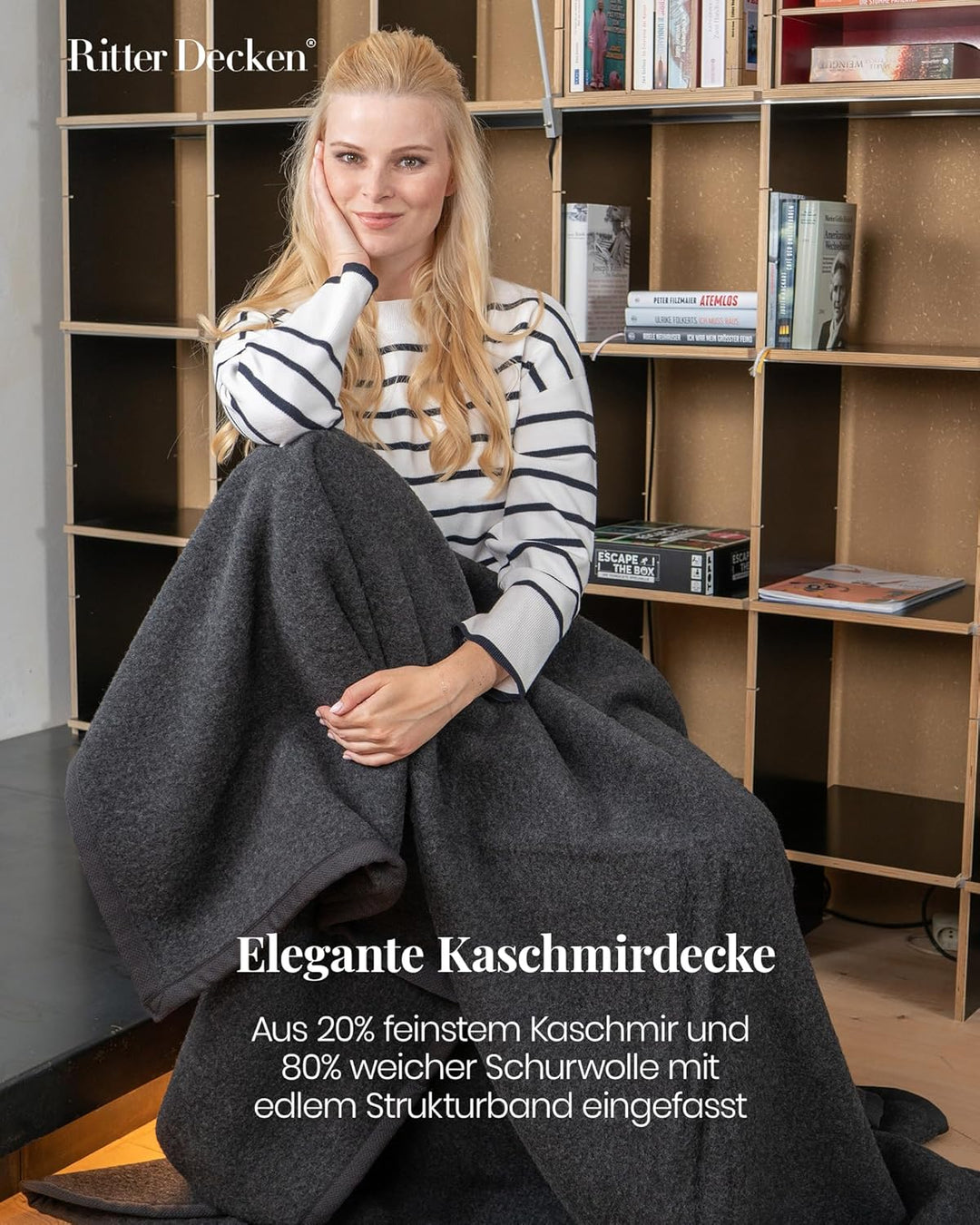 Ritter Decken Kaschmirdecke Kalif in anthrazit 150 x 200cm. 80% Schurwolle 20% Kaschmir, Wolldecke a
