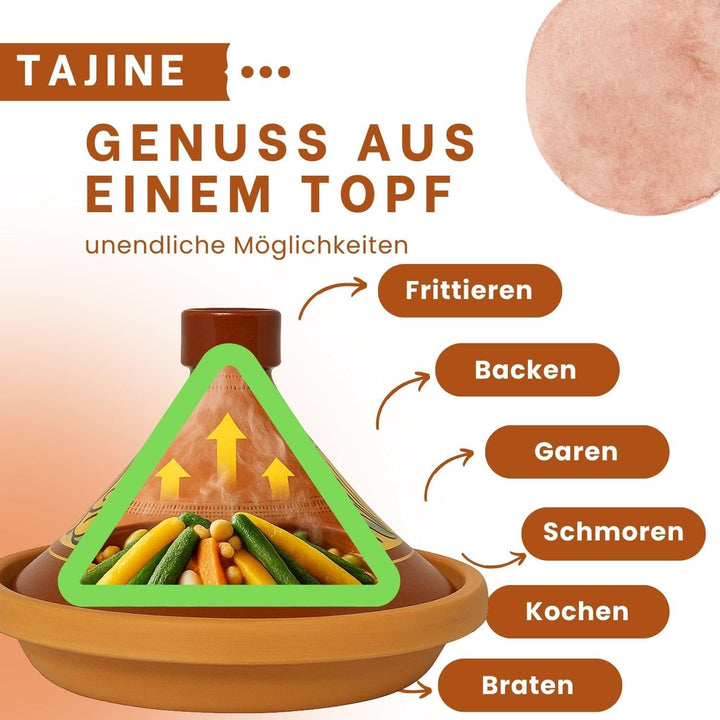 Marokkanische Tajine Topf zum Kochen | Schmortopf glasiert Chaouen Ø30cm 4-5 Personen | inklusive Re