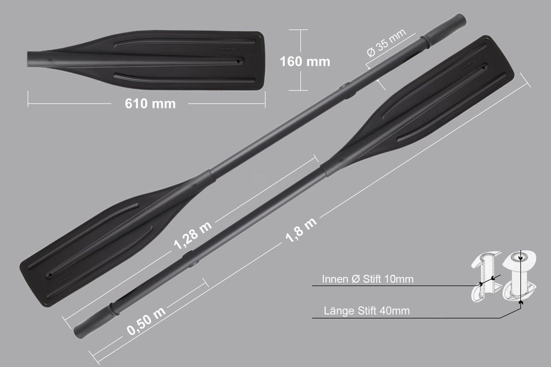 Borika 2 x Paddel (180cm) für Schlauchboote Schwarze Aluminiumstangen inkl. Paddelkopf