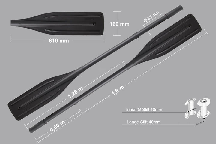 Borika 2 x Paddel (180cm) für Schlauchboote Schwarze Aluminiumstangen inkl. Paddelkopf