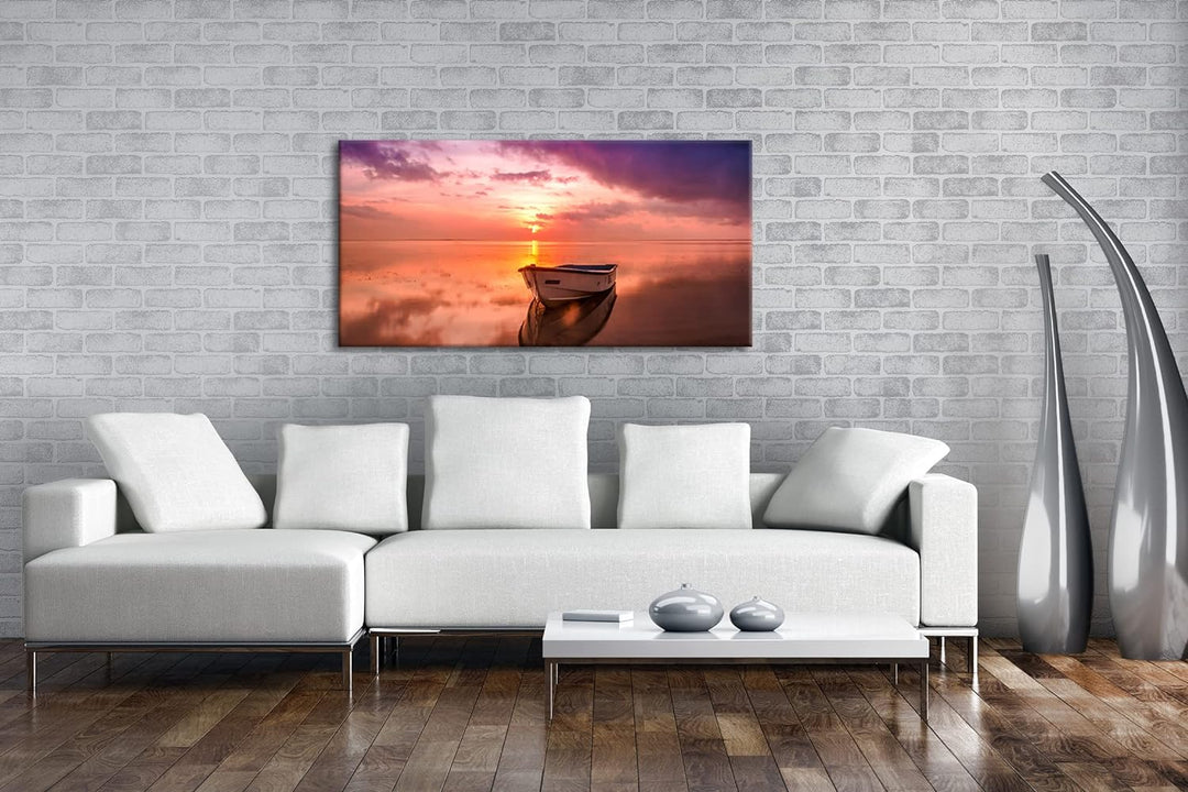 Einsames Boot im Sonnenuntergang Panorama 120x60 cm als Leinwandbild, Motiv fertig gerahmt auf Echth