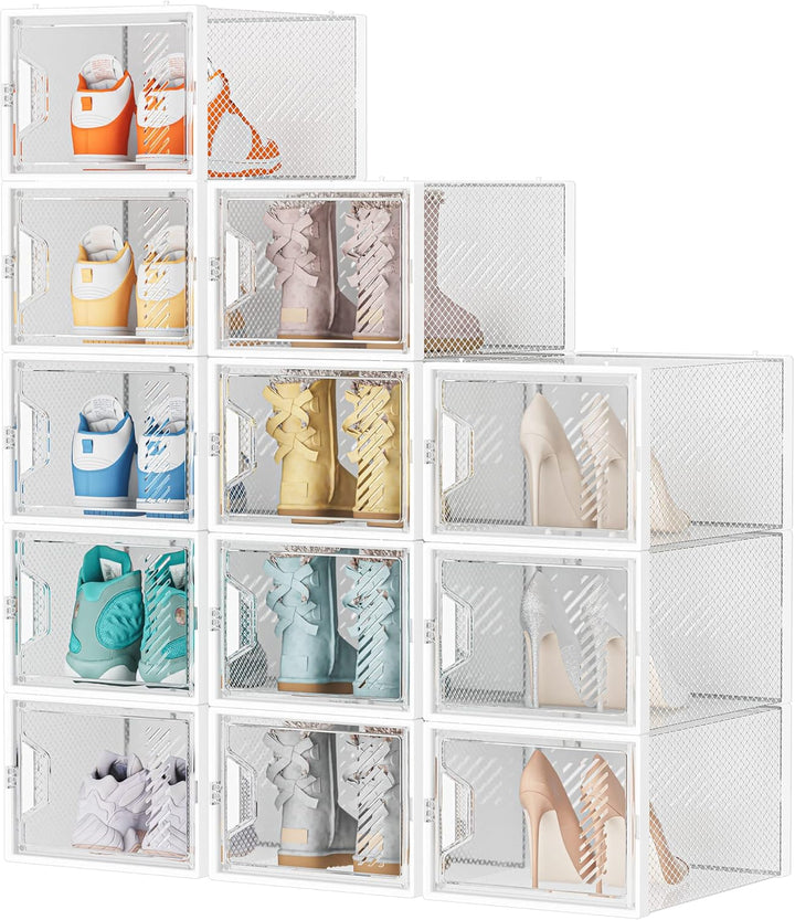 Schuhboxen Stapelbar Transparent, 12er Pack Schuhkarton mit Deckel, Schuhaufbewahrung für Stöckelsch