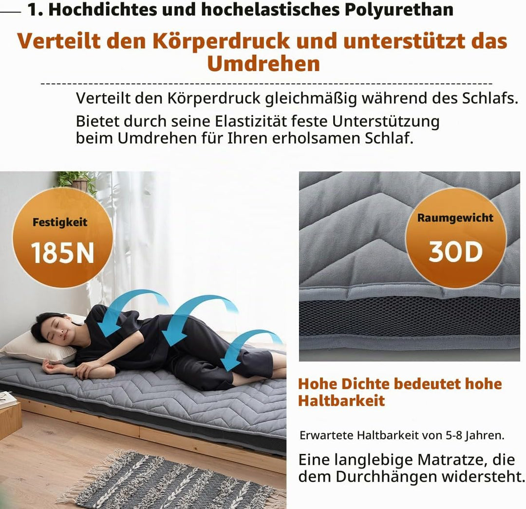EMOOR Japanische Wollmischung Gepolsterte Futonmatratze GOMA 160 x 202 cm Grau (Fest), Urethan Zwick