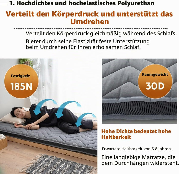 EMOOR Japanische Wollmischung Gepolsterte Futonmatratze GOMA 160 x 202 cm Grau (Fest), Urethan Zwick
