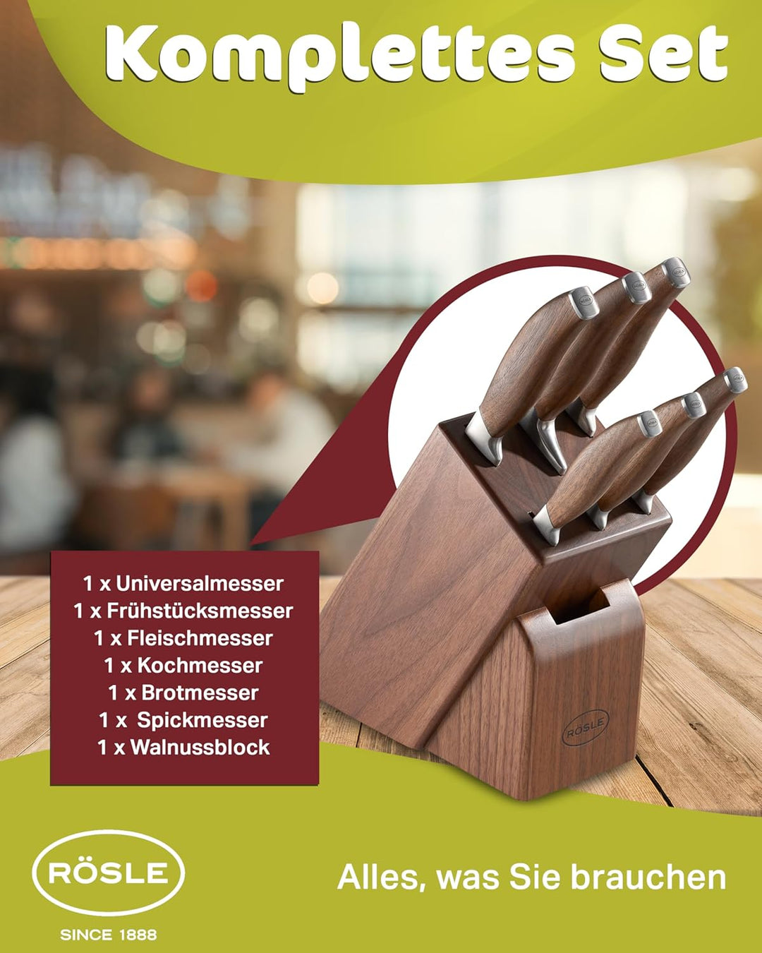 RÖSLE Messerblock Passion 7-tlg., Hochwertiger Messerblock aus Walnussholz mit 6 scharf geschliffene