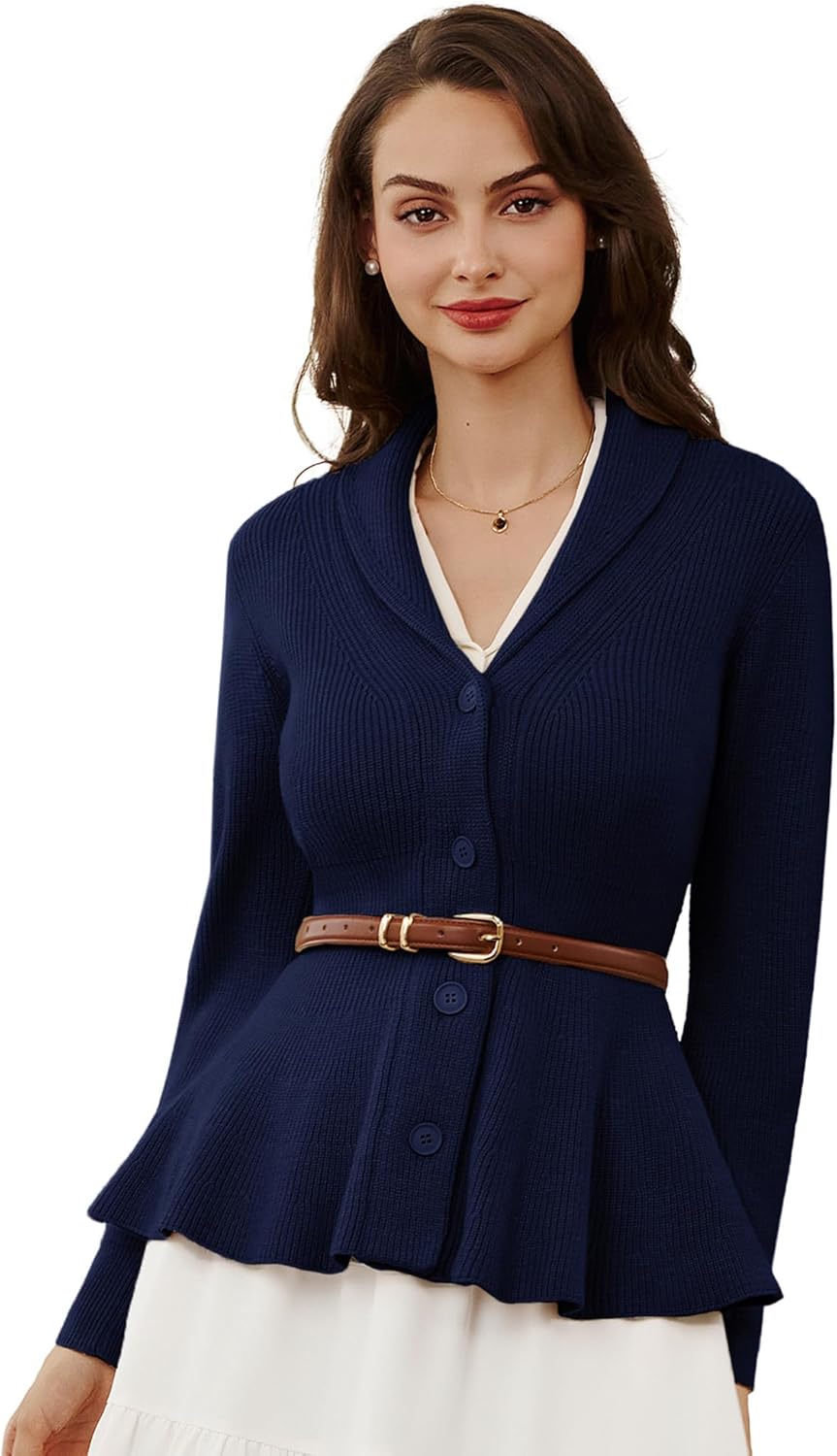 Belle Poque Damen Strickjacke Langarm Reverskragen Cardigan mit Rüschensaum Casual Strickmantel L Ma
