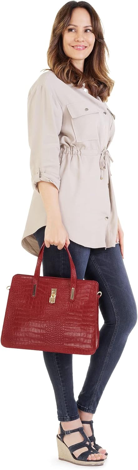 Handtasche Echt Leder Damen Made in Italy, Smartphonefach, Kroko-Design, elegante Umhängetasche, Dam