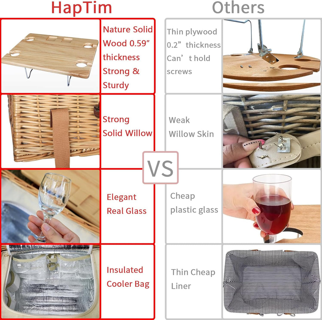 Hap Tim Picknickkorb aus Weidengeflecht für 4 Personen, mit faltbarem Mini-Wein-Picknicktisch und gr