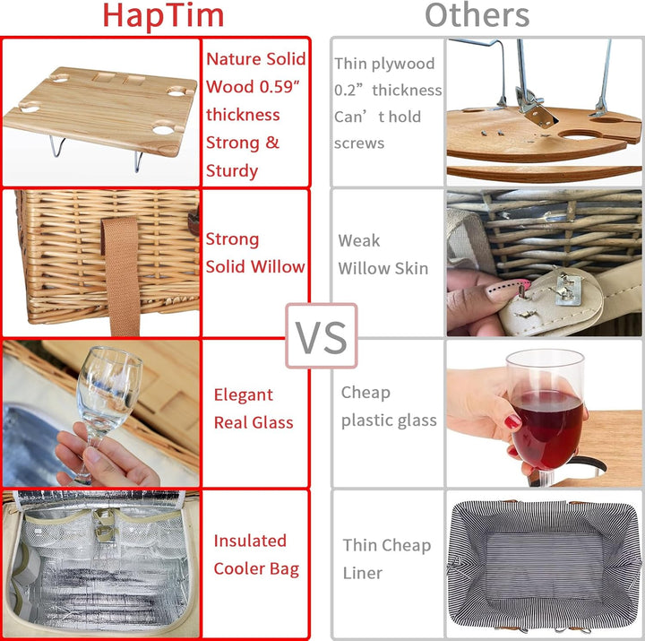 Hap Tim Picknickkorb aus Weidengeflecht für 4 Personen, mit faltbarem Mini-Wein-Picknicktisch und gr