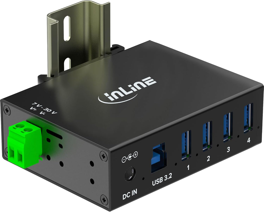 Inline USB 3.2 Gen.1 Industrie-Hub mit 4 Ports, Aluminiumgehäuse, DIN-Schienen-Montage, aktiver USB-