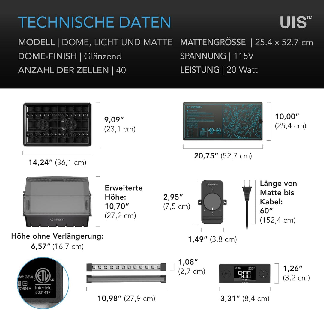 AC Infinity Feuchtigkeitskuppel, Keimset mit wasserdichter Sämlingmatte und dimmbaren LED-Wachstumsl