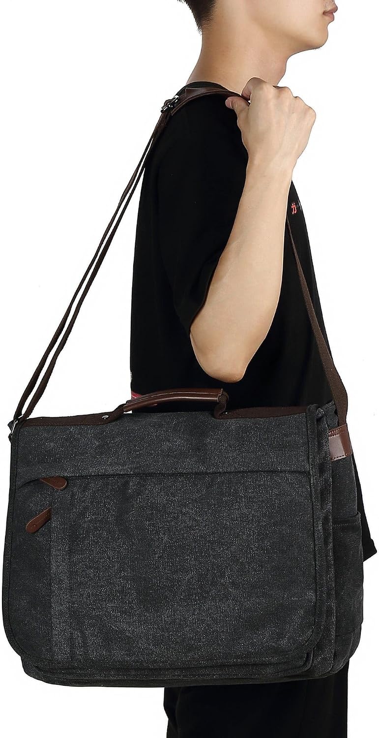 CALIYO Umhängetaschen Herren aus Canvas Schultasche Queformat A4 Laptoptasche für 15,6 Zoll Laptop A